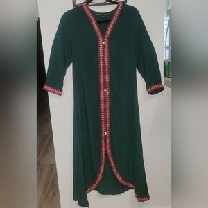 Emerald Green Abaya Kaftan Dress Embellished Trim Maxi Thobe Size XL Ethnic Boho